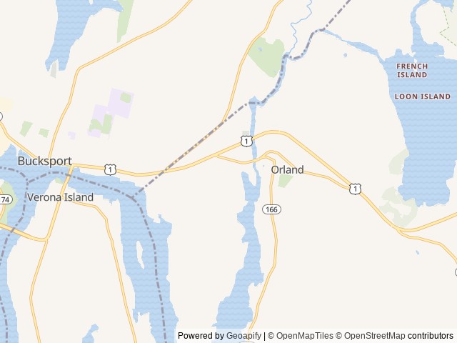 Map of Bucksport Fort Knox KOA location at Orland, ME, United States