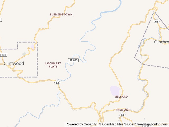 Map of Cranesnest Campground (VA) location at Clintwood, VA, United States