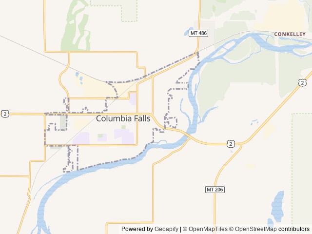 Map of Columbia Falls RV Park and Cabins location at Columbia Falls, MT, United States