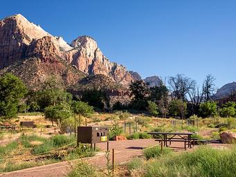 View along the walk-in path to a campsite in Zion Canyon, featuring a picnic table, fire ring, and food storage locker among low vegetation, with rugged sheer sandstone cliffs rising dramatically in the background.
