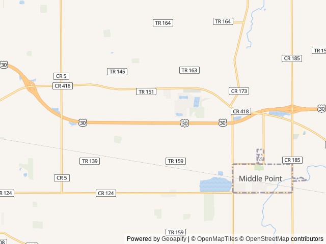 Map of Huggy Bear Campground location at Middle Point, OH, United States