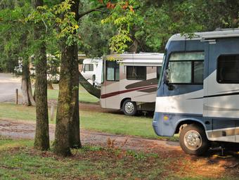 Photograph of RVs parked among trees on grassy pads — shows the campsite/RV accommodations and site layout (used under 'Ways To Stay' on the website).