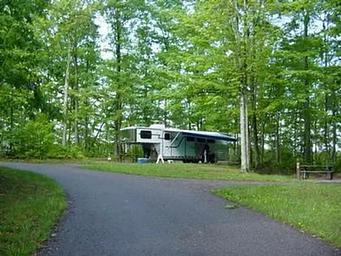 Bandy Creek Campground road with fifth-wheel horse trailer in a campsite in Loop B. Grass and green trees.