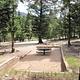 Campsite surrounded by trees with picnic table