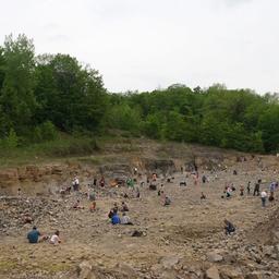 Aerial/overview of the mining quarry with many visitors searching among rock piles — key on-site attraction and landscape of the property.