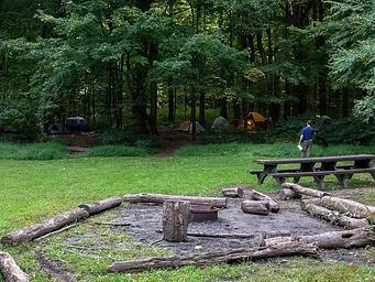Metal fire ring/grill surrounded by logs and picnic tables in open field.  Multiple tents visible in the distant woods.