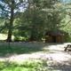 Picnic table and vault toilet in sun dappled pine forest.