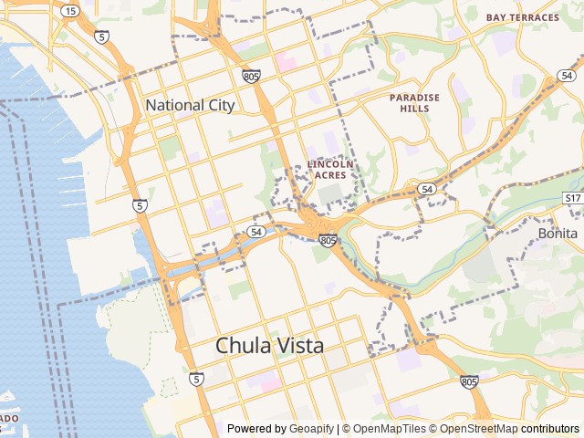 Map of San Diego Metro KOA location at Chula Vista, CA, United States