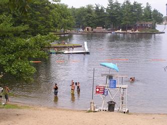 View of the guarded swim area with dock, lifeguard station and lake shoreline — useful detail of the beach facilities (from the site’s Photo Gallery page).