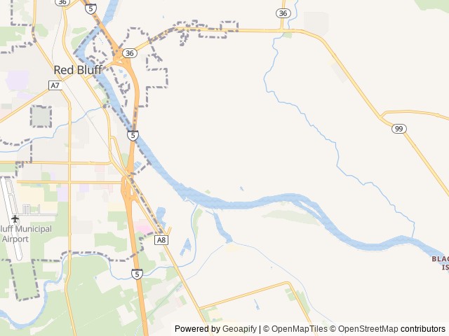 Map of Sycamore Grove (Red Bluff) Campground location at Red Blufff, CA, United States