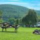 Wide view of campground grounds with picnic table, fire ring, RVs and mountain backdrop — matches the site’s “RV & Tent Sites” section on the property homepage.