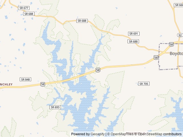 Map of Rudds Creek Rec. Area location at Boydton, VA, United States