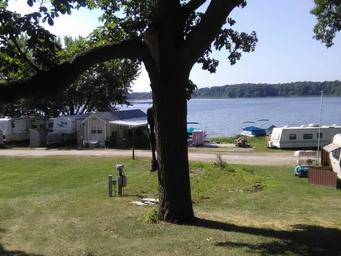 View of RVs and small cabins along the lakeshore with grassy foreground and a large tree — good depiction of campsite/RV pitch layout and waterfront sites.