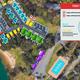 Aerial/site layout map showing tiny-house cabin arrangement, pool, beach and docks on the resort grounds (file used on Home page). Useful overview for property gallery.