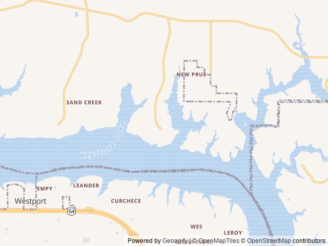 Map of Walnut Creek location at Prue, OK, United States