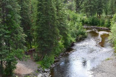 Aerial/overhead view of the river winding through dense trees with campground clearing at the bank — offers broader site perspective and appears in the site's gallery imagery.
