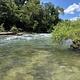 Clear river rapids near Clabber Creek with a rock table on the far bank and a willow tree on the near bank. 