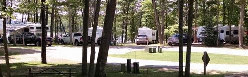 Panoramic strip showing multiple RVs and wooded campsites — useful depiction of wooded campground sites and spacing. Shown on the Accommodations page as a campground scene.