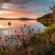 Scenic lakeside sunset with a boat on calm water and natural shoreline — highlights the property’s lake setting and ambience as shown on the campground’s New Hampshire page.