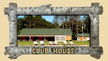 Framed image labeled 'CLUB HOUSE' showing a low building with lawn chairs and surrounding trees — useful depiction of an on‑site facility (clubhouse) from the property gallery.