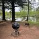Charcoal grill near a lake with a dock, surrounded by trees and a picnic table. Overcast day.