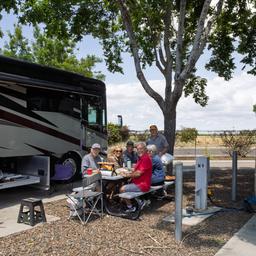 On-site RV pitch scene showing a large motorhome, picnic table, utility hookups and guests at the site — practical view of site size and hookups consistent with RV Sites content.