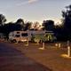 RVs and illuminated site posts beneath the trees at dusk at Beach RV Pleasure Point.