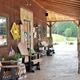 Covered porch seating and cabin/office exterior area with decorative elements — highlights communal building and guest seating area (Amenities page).