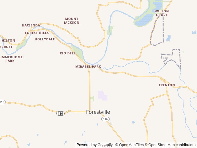 Map of Mirabel Trailer Park & Campground location at Forestville, CA, United States