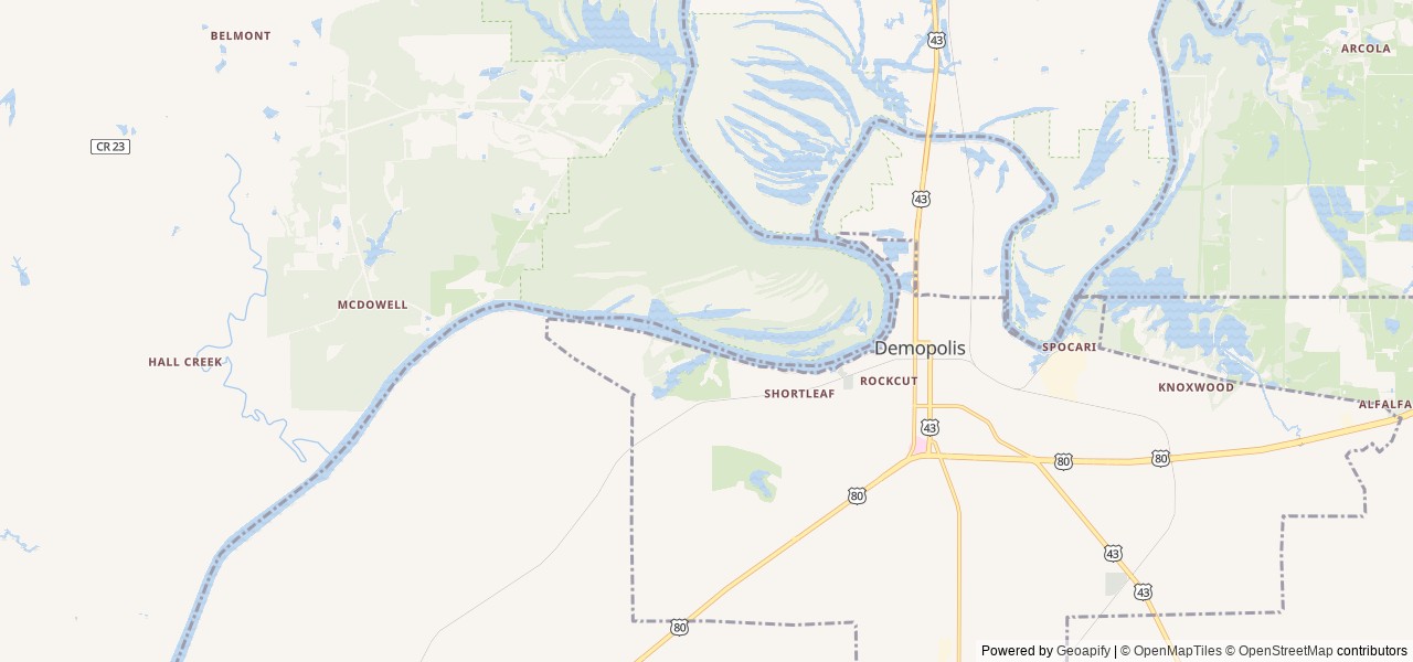 Map of Foscue Creek location at Demopolis, AL, United States