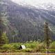 Twin Lakes Cabin in front of large snowcapped mountains