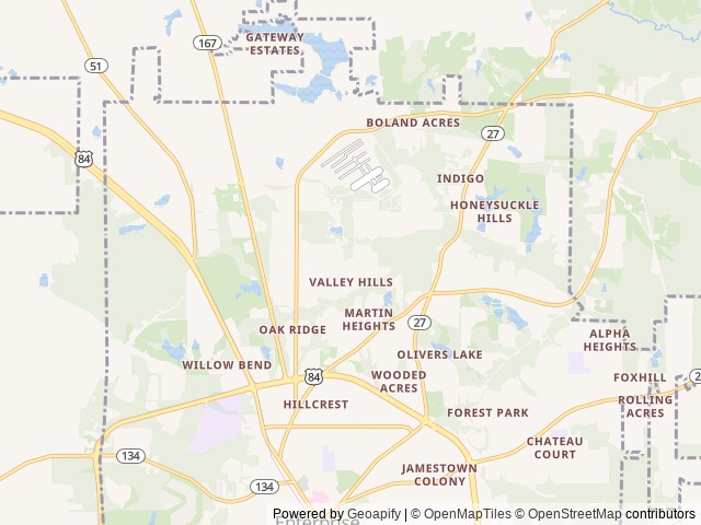 Map for 30 ft family size getaway/evacuation camper near Enterprise, AL