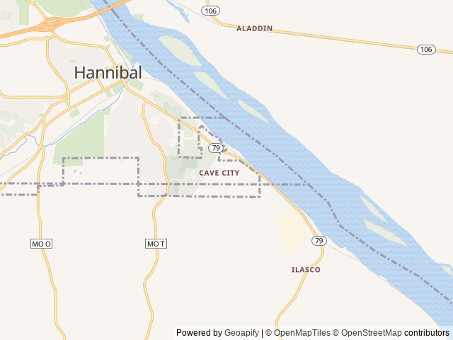 Map of Mark Twain Cave & Campground location at Hannibal, MO, United States