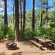 Picnic table and fire ring nestled amongst Ponderosa pines