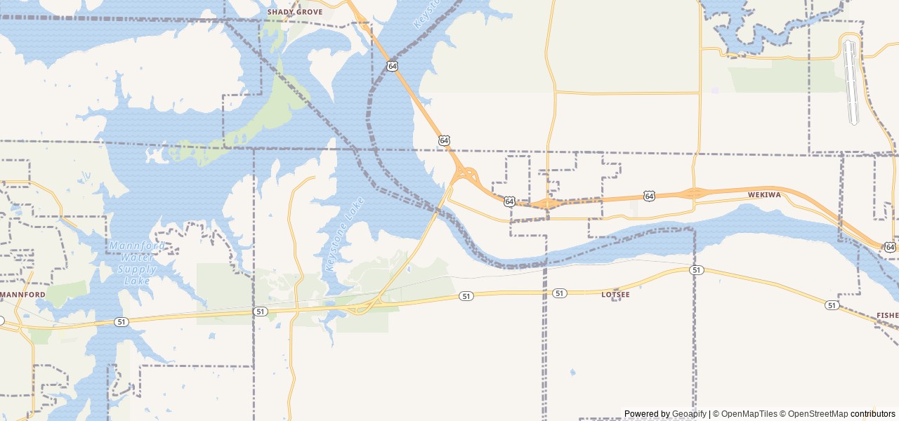 Map of Brush Creek Public Use Area location at Sand Springs, OK, United States