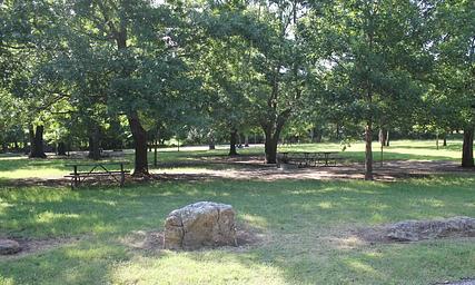 Central Group Campground showing picnic table, rocks, trees and grass.