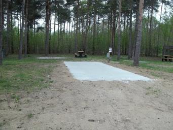 Concrete RV/trailer pad with picnic table and surrounding pine trees — shows an individual RV/campsite layout available at Sandy Pines (Camping page / site photos).