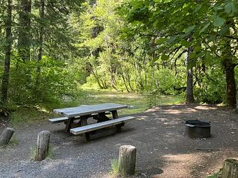 Campsite next to river with picnic table and firering