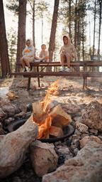 People sitting by a campfire at a picnic table in a pine forest