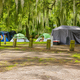 Tent camping area beneath moss-draped trees with visible sites and picnic tables — illustrates the park’s tent camping spaces and shaded setting (hosted on the park’s homepage).