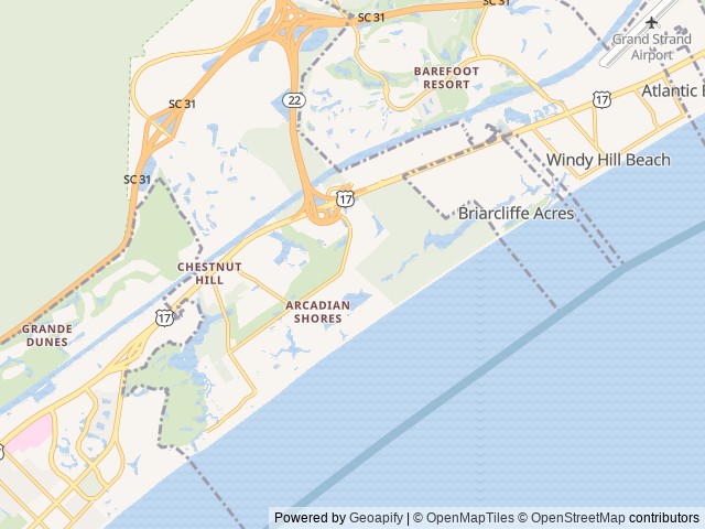 Map of Myrtle Beach Travel Park location at Myrtle Beach, SC, United States