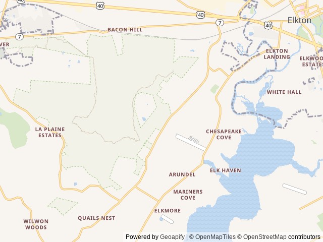 Map of Woodlands Camping Resort location at Elkton, MD, United States