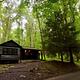 A log cabin nestled among trees at Camp Misty Mount