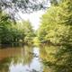 Scenic pond framed by trees on the campground grounds — shows natural setting and on-site water feature (image present in the site gallery).