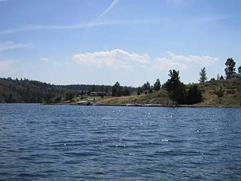 View from Hauser Lake towards the boat docks at Devil's Elbow Recreation Site.