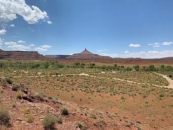 view of the desert campground with a ribbon of cottonwood trees