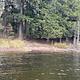 The shore of a lake with trees and a campsite marker post in the distance.