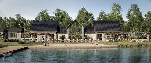 Wide lakefront view of the clubhouse and beachfront with dock — corresponds to the 'Clubhouse / beach & pool' imagery on the amenities page and highlights resort waterfront facilities.