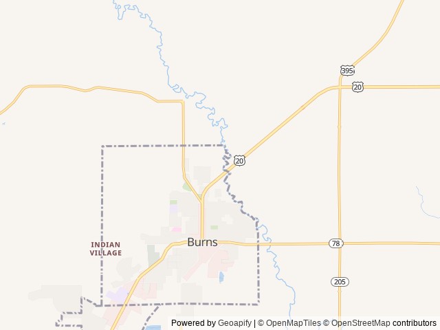 Map of Burns RV Park location at Burns, OR, United States