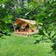 Glamping tent on a raised platform set in grassy/wooded campsite — good clear image of the site's glamping cabin accommodation.